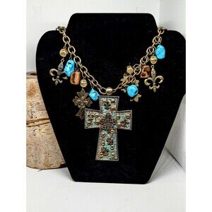 Vintage Yousi You and I Large Cross Pendant Fleur De Lis Charms Beaded Necklace